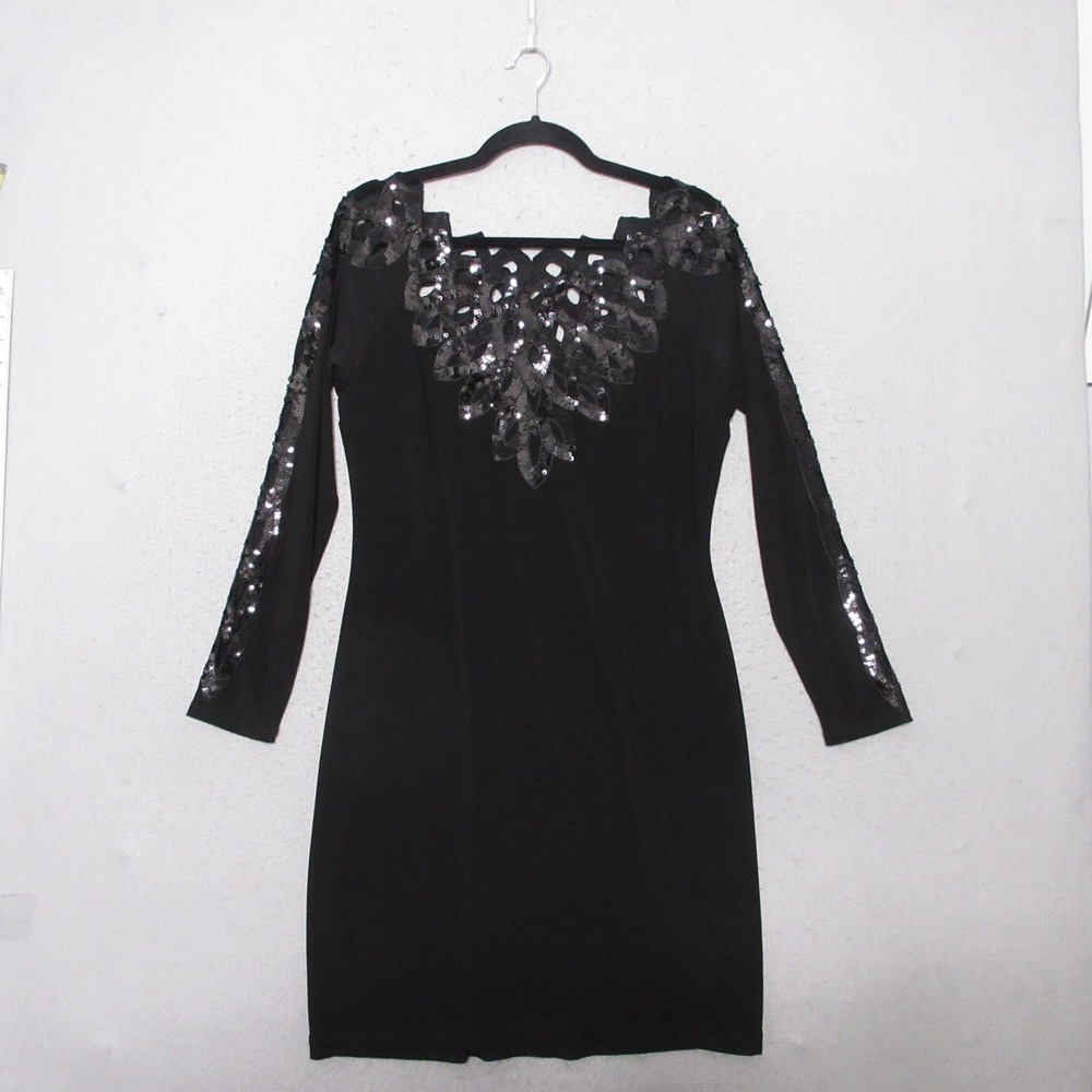 Joseph Ribkoff Dress Black Sheath Sequin Embellished Cutout Glam Cocktail Chic
